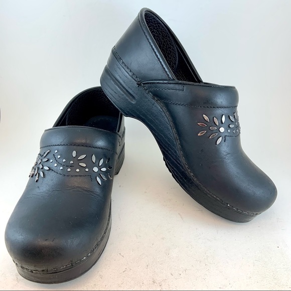 Dansko Shoes - Dansko Black Oiled Metal Floral Patricia Professional Stapled Clogs 38 7.5 8